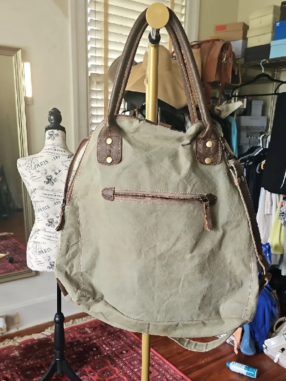Myra Bags Canvas and Brown Leather Travel Tote Bag - Vintage Print